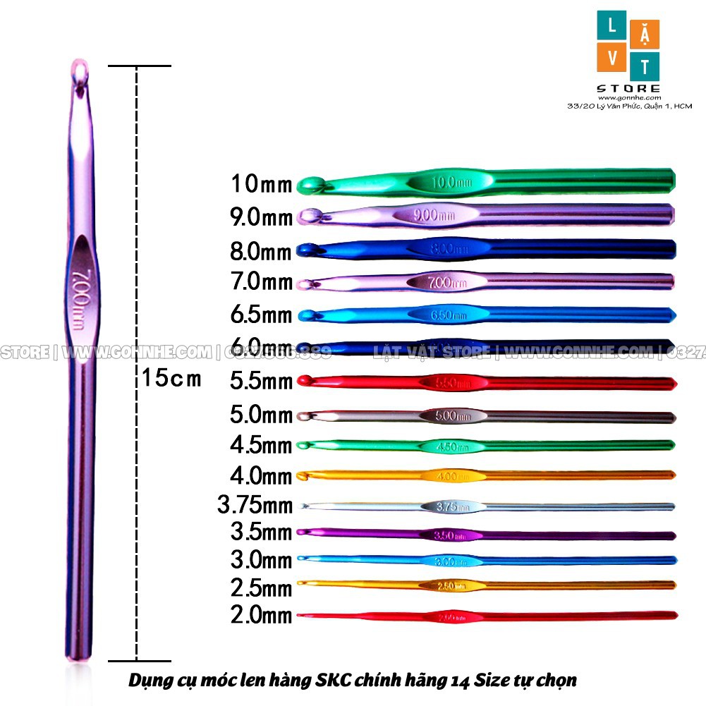 [SKC tool] 14 Size dụng cụ móc sợi len, đan len hàng SKC chính hãng dài 15cm bằng nhôm - Crochet hook