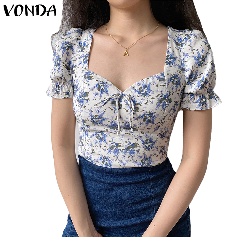 Áo Kiểu VONDA Tay Ngắn Cổ Vuông In Họa Tiết Hoa Quyến Rũ Thời Trang Mùa Hè Phong Cách Hàn Quốc Cho Nữ