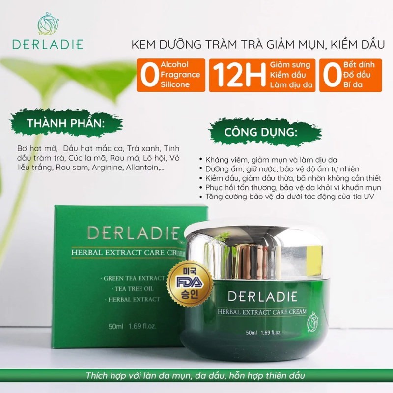 Kem Dưỡng Giảm Mụn Kiềm Dầu 12H Derladie Herbal Extract Care Cream 50ml