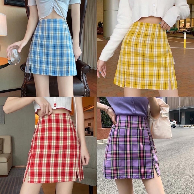 Chân Váy Caro Màu Tím Chữ A Xẻ Lai Có Quần Lót Trong Dáng Ôm Ulzzang Size S