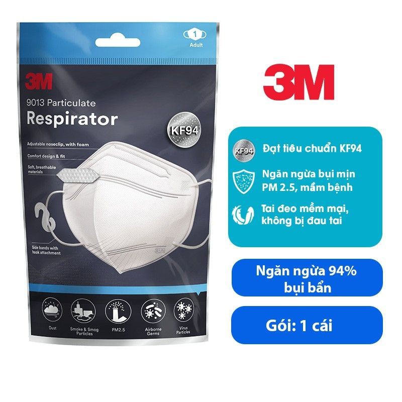 Khẩu Trang Chính Hãng 3M Tiêu Chuẩn KF94 Hàn Quốc (1 chiếc/gói) Màu Trắng LỌC BỤI MỊN-NGĂN VIRUS, VI KHUẨN-5 LẦN SỬ DỤNG