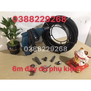 Dây Thông Cống 6m dây lò xo +6 đầu thông +1 đầu kết nối máy khoan, dây thông tắc vệ sinh,thông bồn cầu, dâ