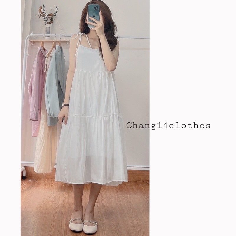 Váy 2 dây dáng babydoll 2 lớp chất đũi lụa 4 màu trắng xanh be đen