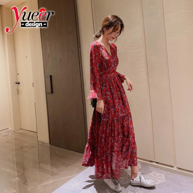 Đầm maxi nữ dài tay hoạ tiết hoa xinh xắn size S-Xl | BigBuy360 - bigbuy360.vn