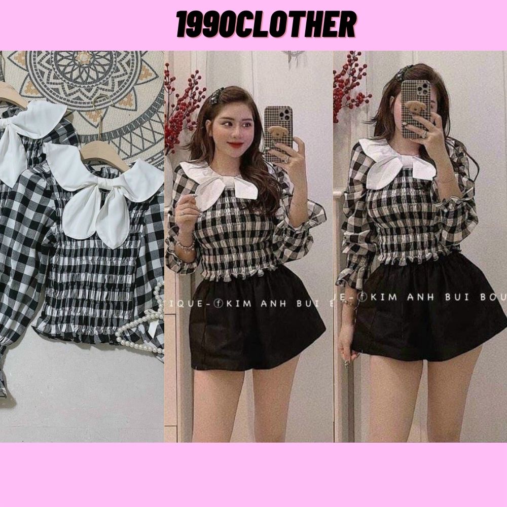 SPK- Áo kiểu nữ, áo nữ caro đen trắng phối nơ sọc caro đủ size S M L SKUA-18