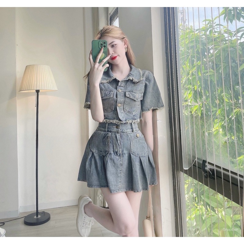 Set áo sơ mi croptop + chân váy jean xoè hàng QCL1