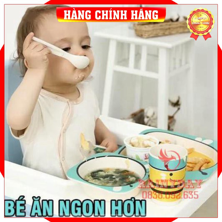 [Hàng Loại 1]  Bộ bát chén khay muỗng ăn dặm cho bé kiểu nhật 5 món đồ kèm thìa dĩa hình thú an toàn cho bé