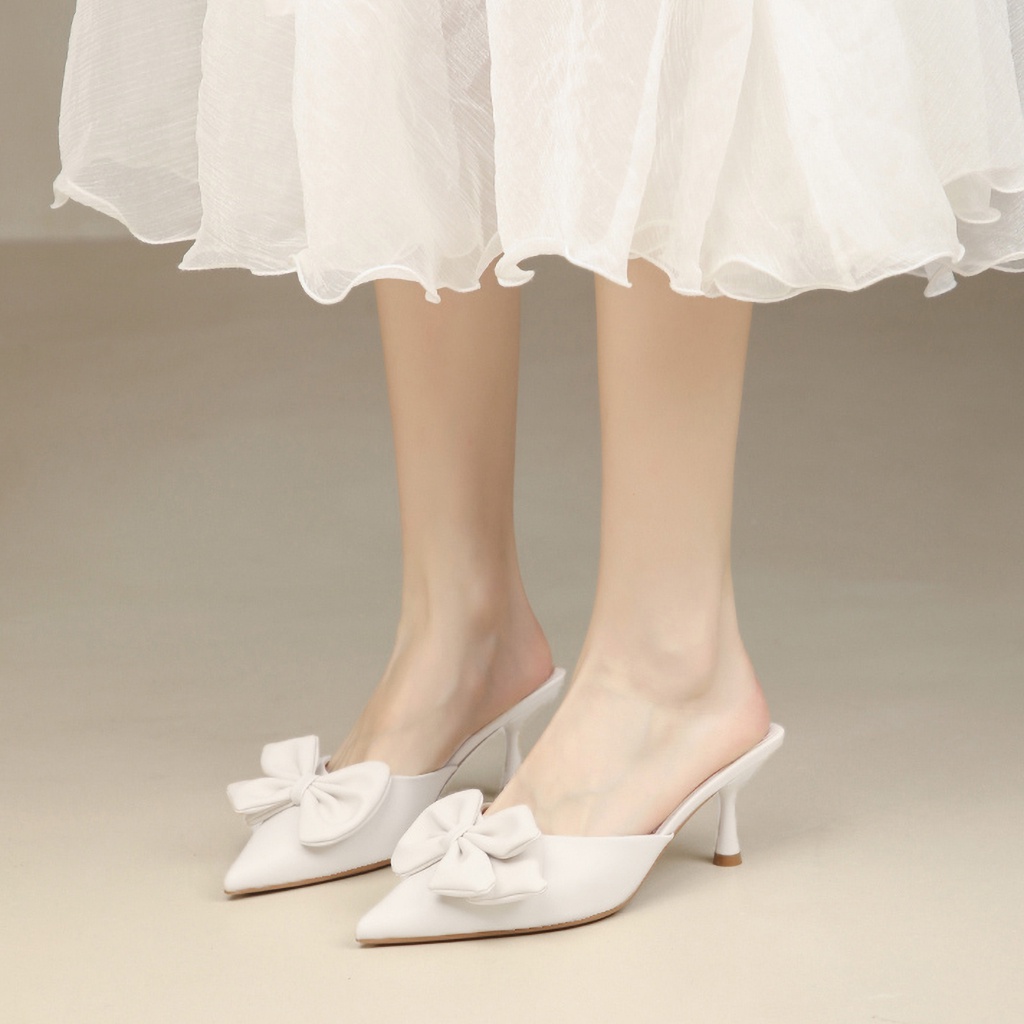 Dép guốc nữ cao gót DILY gót nhọn quai thắt nơ thời trang cao 6cm_ AA0312