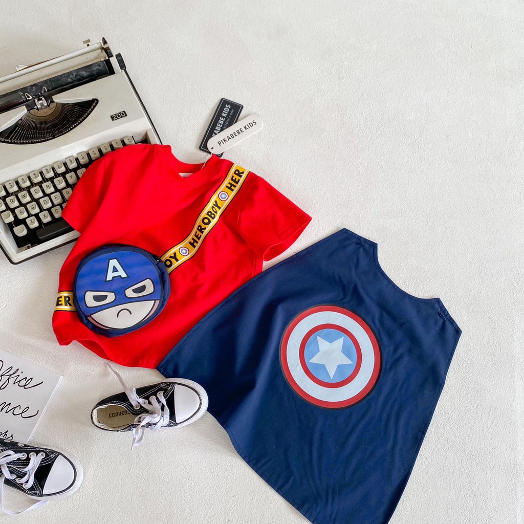 Áo cộc tay Marvel siêu nhân kèm áo choàng cotton cao cấp thấm hút tốt cho bé trai bé gái