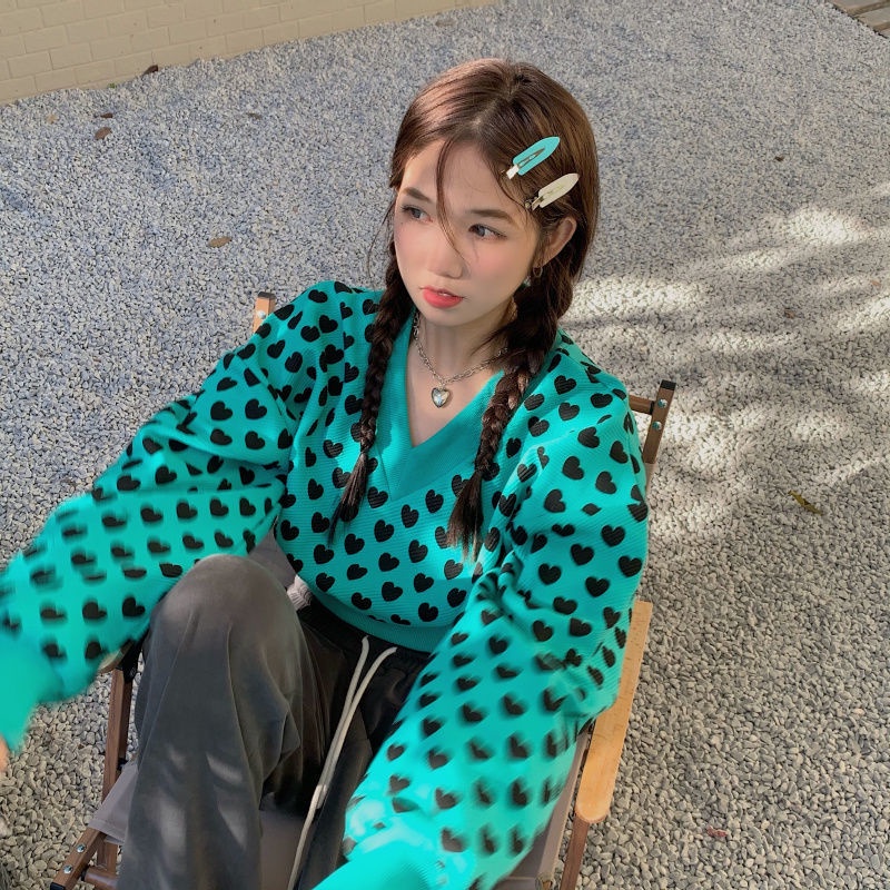 Áo Sweater Tay Dài Cổ Chữ V In Họa Tiết Trái Tim Thời Trang Hàn Quốc 2022 Cho Nữ