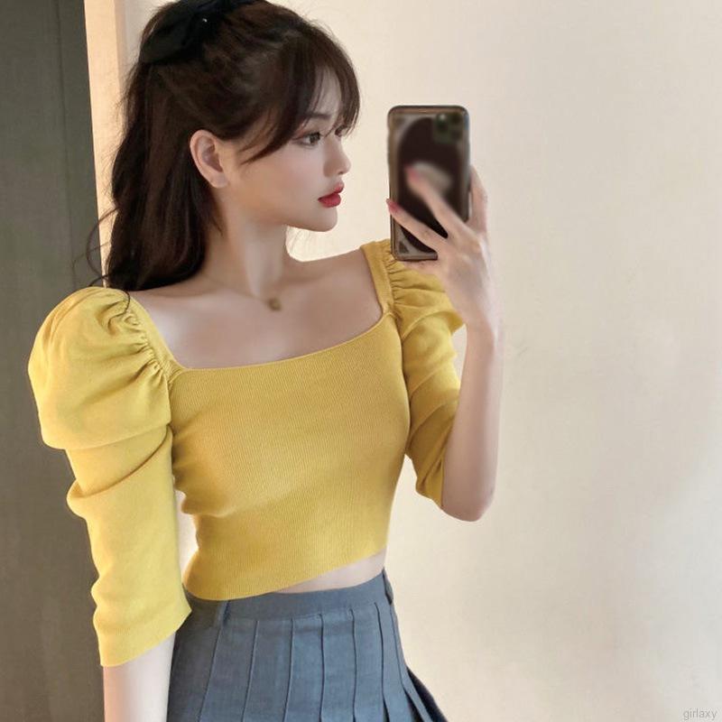 Áo Crop Top Dệt Kim Tay Lỡ Màu Trơn Xinh Xắn Phong Cách Hàn Quốc Cho Phụ Nữ