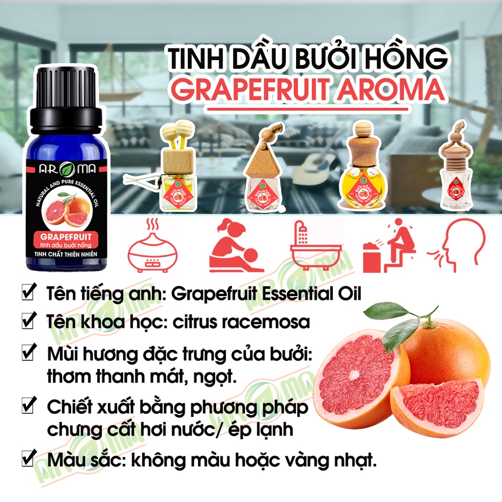 Tinh dầu Bưởi hồng AROMA Grapefruit, tinh dầu thơm phòng thư giãn, thơm tóc, sạch da đầu