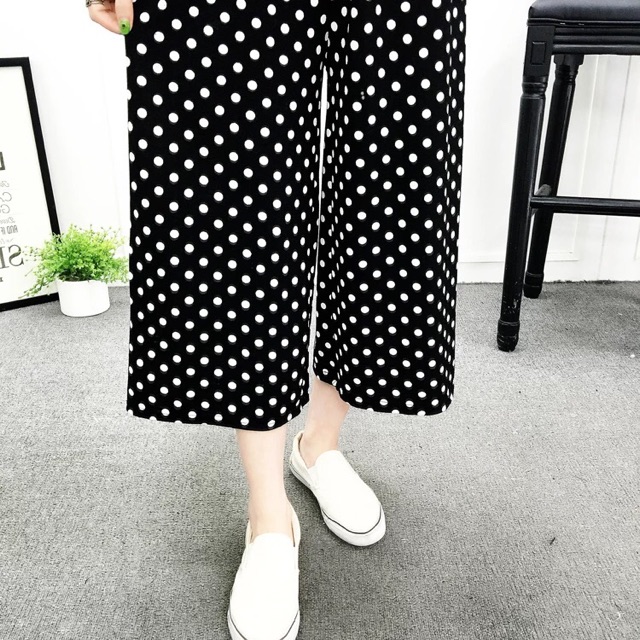 Quần Culottes nữ thắt nơ eo kẻ sọc chấm bi