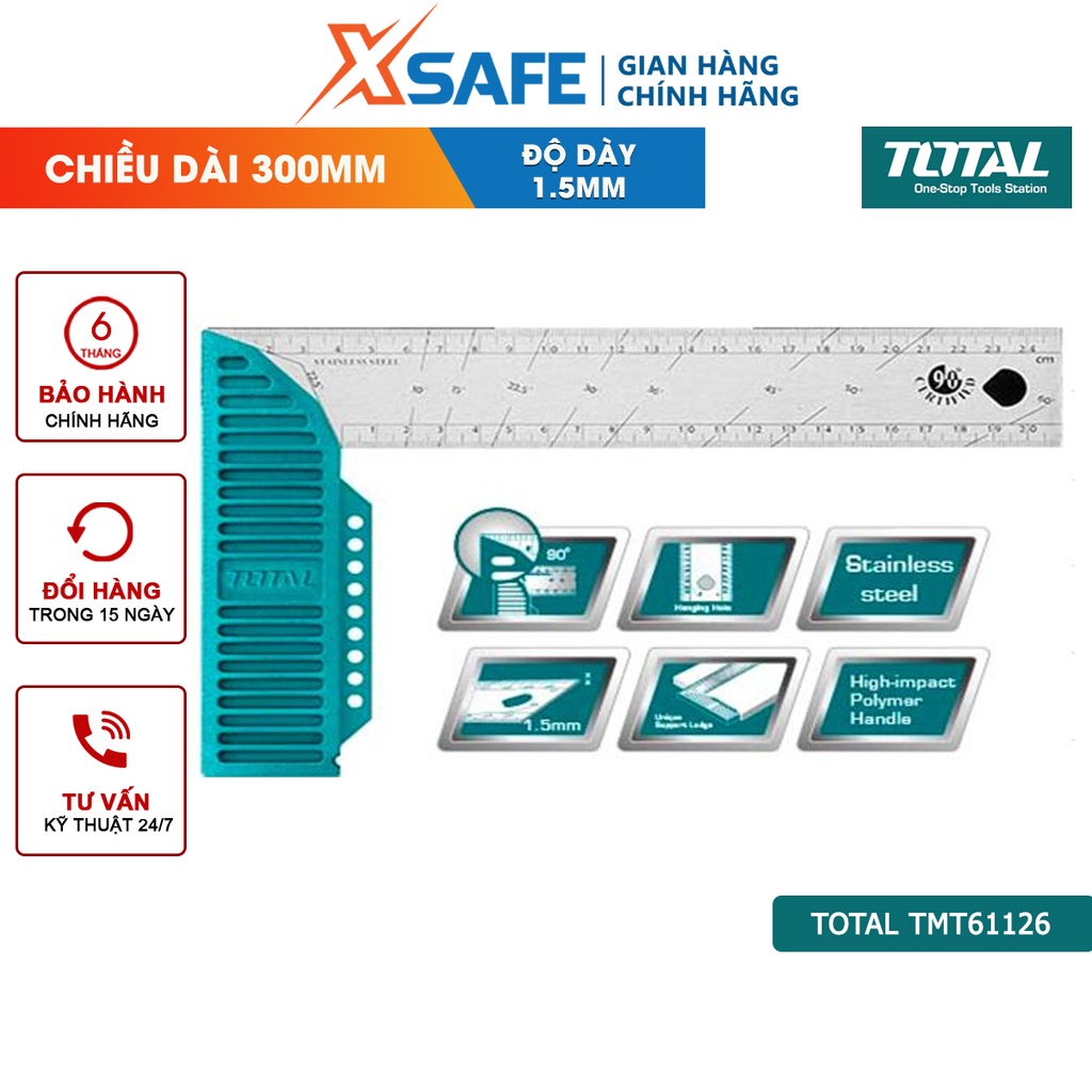 Thước đo góc vuông TOTAL TMT61126 dài 300mm/12 &quot;, chiều rộng lưỡi dao 40mm, độ dày lưỡi 1,5mm