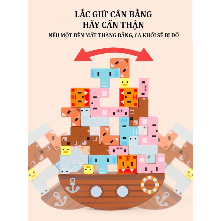 Đồ Chơi Thuyền Cân Bằng Động Vật 3D Bằng Gỗ Nhiều màu Nhiều Cách Chơi