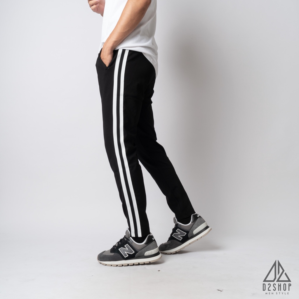 Quần thể thao nam D2shop, quần thun nam co giãn màu đen, 2 sọc trắng