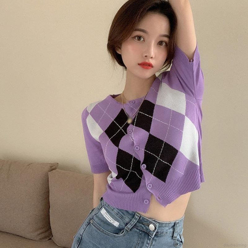 Áo Cardigan Dệt Kim Tay Ngắn Cổ Tròn Màu Sắc Tương Phản