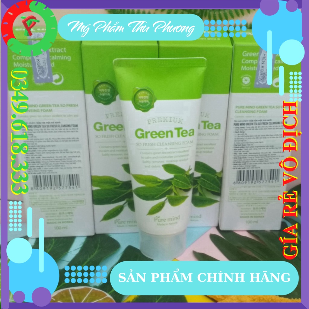 Sữa Rửa Mặt Trà Xanh Cho Dầu Ngăn Ngừa Mụn Làm Trắng Sạch PURE MIND Green Tea So Fresh Cleansing Foam Mỹ Phẩm Hàn Quốc