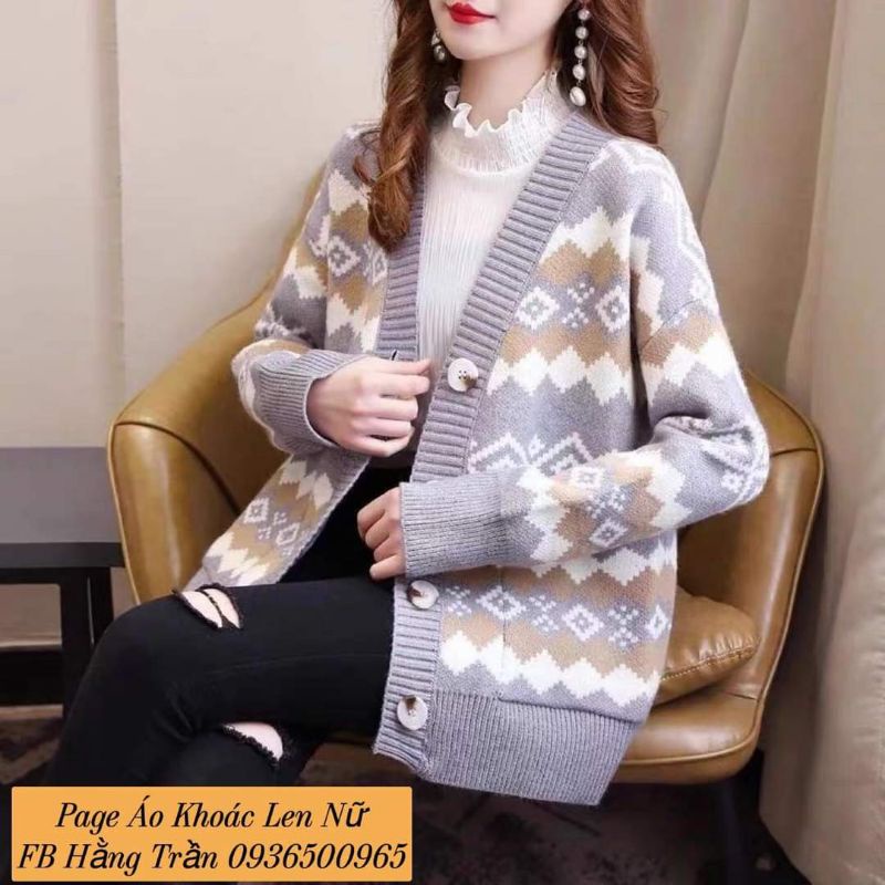 Áo khoác len cardigan nữ dáng dài from rộng họa tiết thổ cẩm.