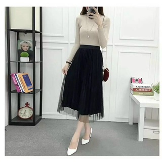 chân váy midi xếp ly dài công chúa vải voan màu đen lạ mắt