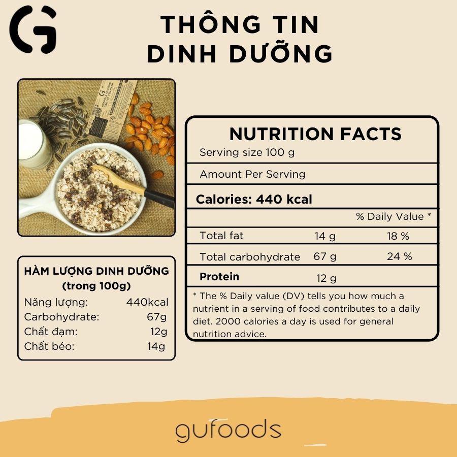 Granola ăn kiêng gạo lứt yến mạch GUfoods - Giảm cân, Tập Gym, Eat clean