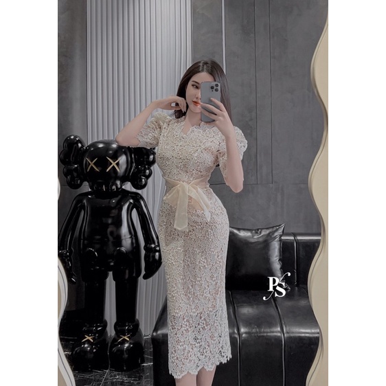 Đầm ren kèm nơ eo