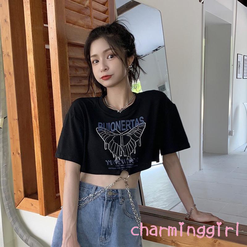 QAQ-Women´s Cropped Tops Short Sleeve Round Collar Butterfly Letters Print Metal Chain Street Party Shirt