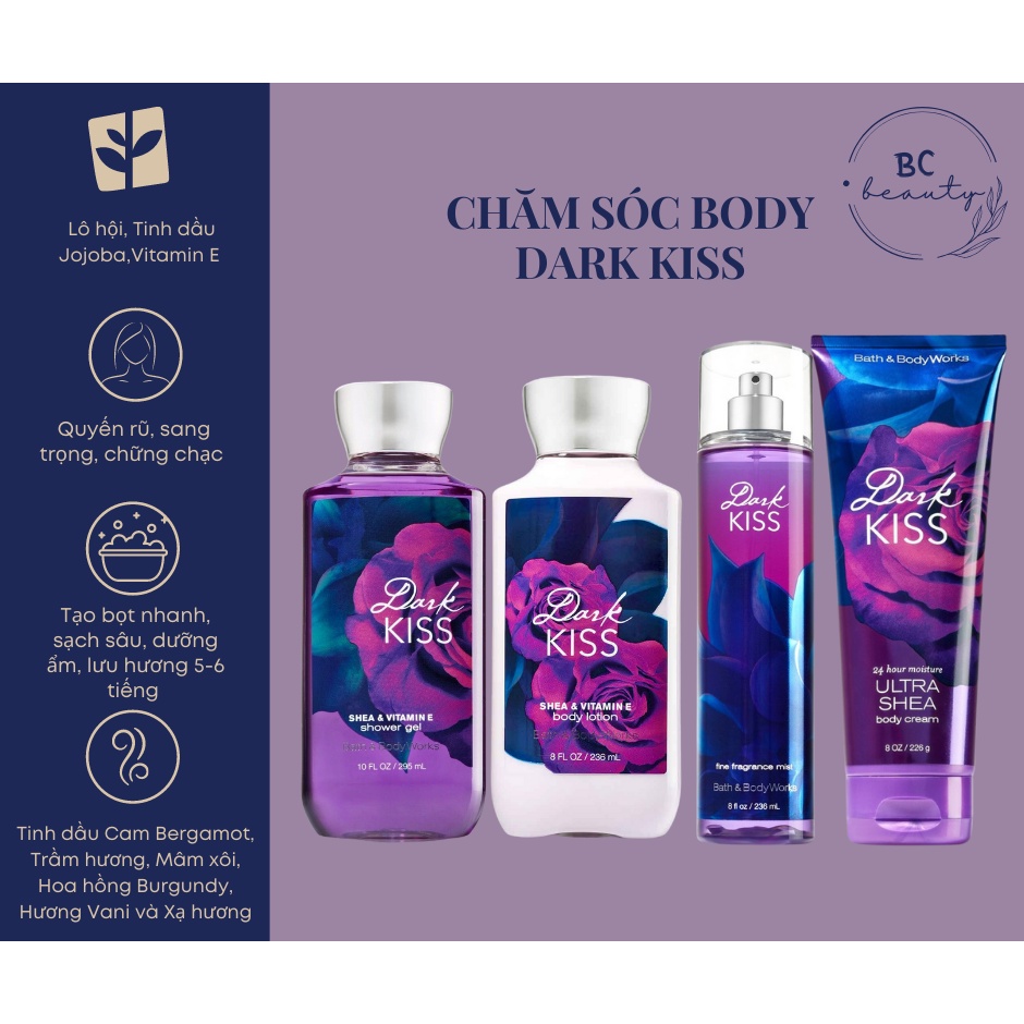 Trọn Bộ Bath And Body Works Hương Dark Kiss | Sữa Tắm Hương Nước Hoa, Xịt Thơm Body, Kem Dưỡng Ẩm & Set Quà Tặng