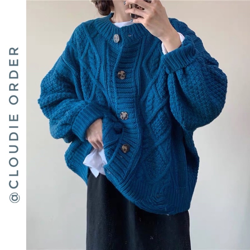 Áo Khoác Cardigan Len Form Rộng Cổ Tròn Có Cúc Vintage