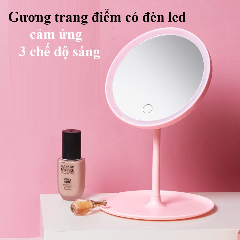 Gương trang điểm gương soi để bàn có đèn led cảm ứng 3 chế độ sáng kèm sạc tích điện
