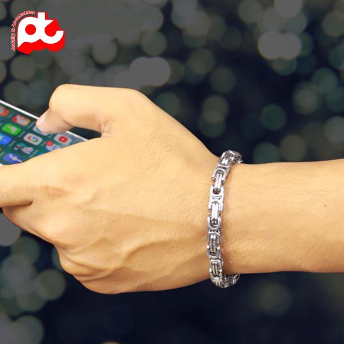 Lắc tay thép không gỉ titan nam cao cấp đẹp sang trọng kiểu ziczac vuông PT JEWELRY kích cỡ 7mm màu trắng PTLTNA86