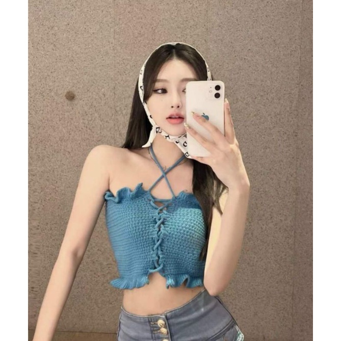 Áo croptop bèo dây rút hàng QC
