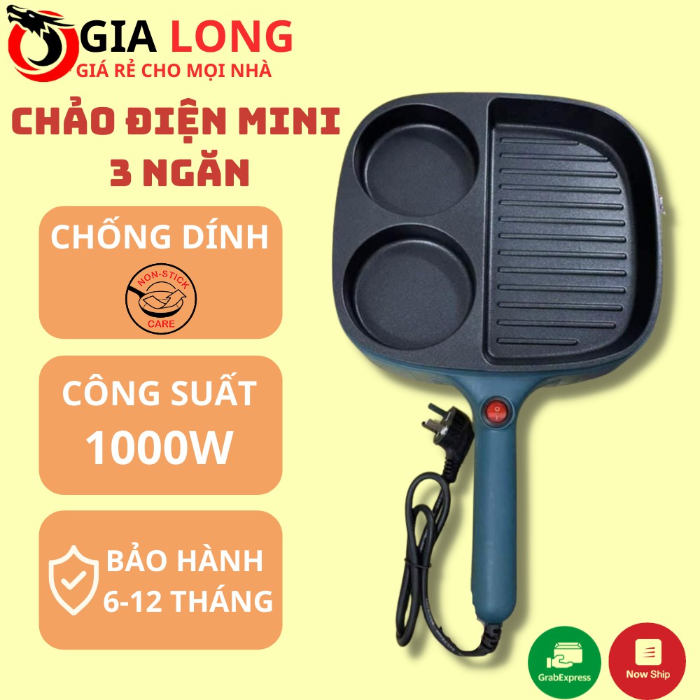 Free Ship Chảo Điện Chống Dính 3 Ngăn Cao Cấp Công SUất Lớn 1000W, Chảo Ốp La, Làm Bánh Mì Chiên Xào Đa Năng