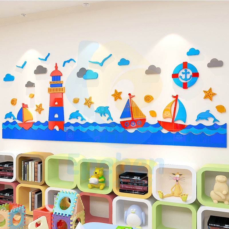 Tranh dán tường mica 3d decor khổ lớn đại dương ngọn hải đăng trang trí mầm non, phòng cho bé Nhiều Size - EPeBen
