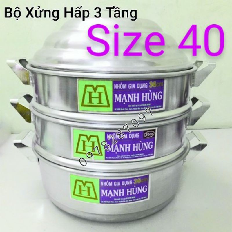 [Chính Hãng] Bộ xửng hấp 3 tầng size 40, 42 3 tầng nhôm Mạnh Hùng chuyên hấp bánh bao, hải sản, rau củ có phụkiện đun từ