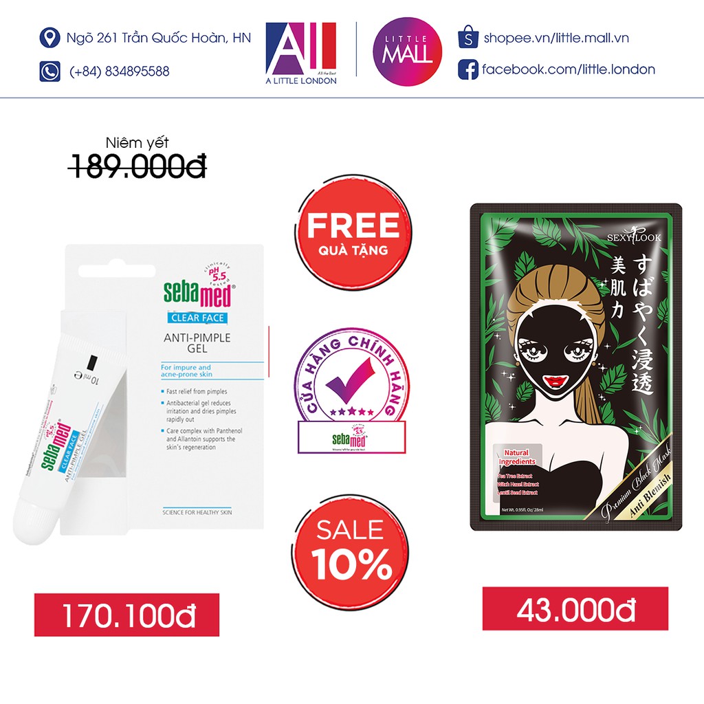 Gel gom cồi, dịu mụn Sebamed ph 5.5 clear face anti-pimple gel 10ml TẶNG mặt nạ Sexylook (Nhập khẩu)