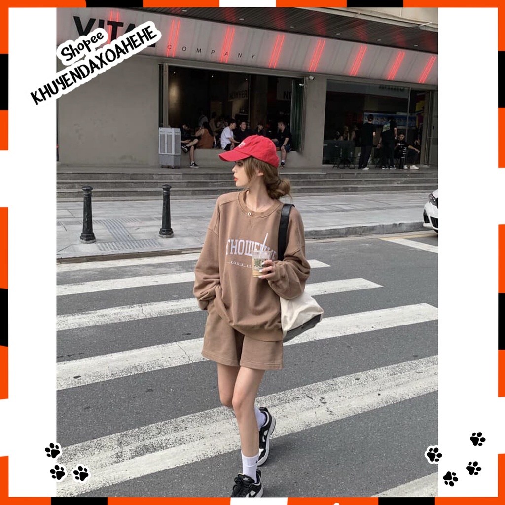 SQ013 Bộ quần áo nỉ thể thao dáng rộng đùi sooc OTHOWEHNE tay bo oversize, Set áo hoodie sweater  dài tay và quần short