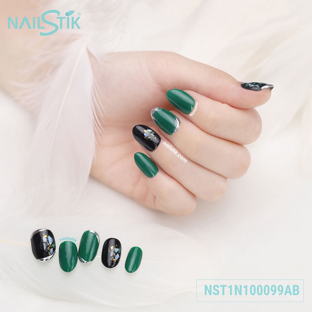 Móng úp thiết kế by NAILSTIK, màu xanh, đen, form móng bầu, ngắn/dài, 099