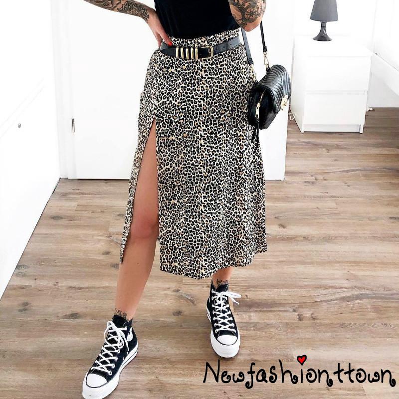 ღtwღWomen´s Fashion Sexy Leopard Print Summer Floral High Waist Elasticated Split A Line Skirt