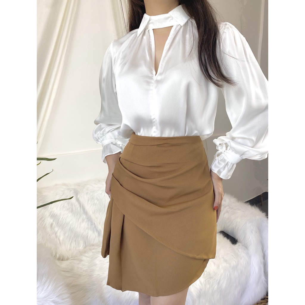 Áo sơ mi trắng công sở, chân váy ngắn xếp, áo lụa, áo sơmi kiểu tay dài, đi làm, chân váy chữ A, set áo mix váy tiểu thư | BigBuy360 - bigbuy360.vn