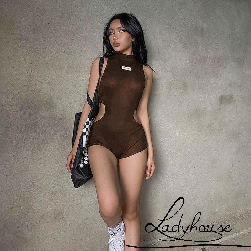 Ldd-bộ Áo Liền Quần Ngắn Ôm Dáng Không Tay Xẻ Tà Thêu Chữ Cho Nữ