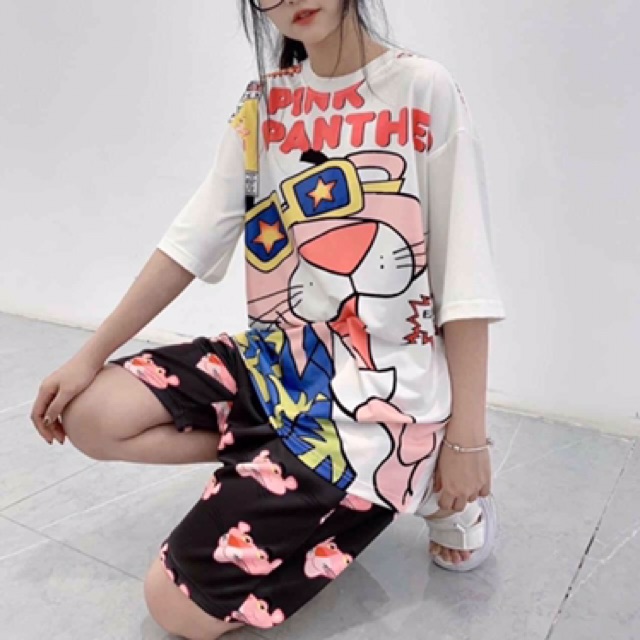 Set áo và Quần dài short cartoon Báo Hồng Pink Panther Unisex Nam Nữ