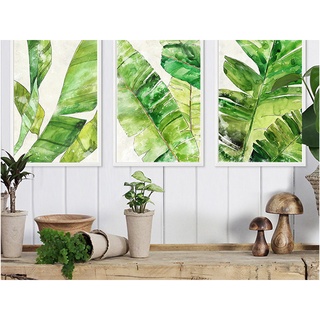Bộ 3 tranh lá cây treo tường in Canvas cao cấp - khung đen, vàng composite siêu mảnh 0.5cm - tặng kèm đinh 3 chân
