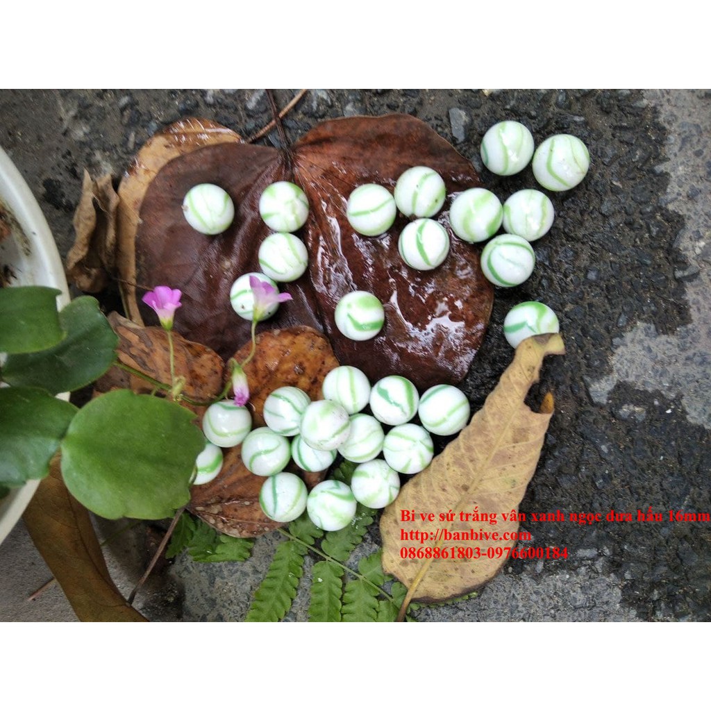 Bi ve - bộ viên bi sứ trắng vân xanh ngọc dưa hấu đường kính 1.6 cm bộ 10 viên