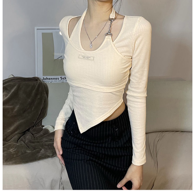 Áo Thun Giả Hai Lớp Dài Tay Cổ Yếm Phong Cách Mới Dành Cho Nữ 2022