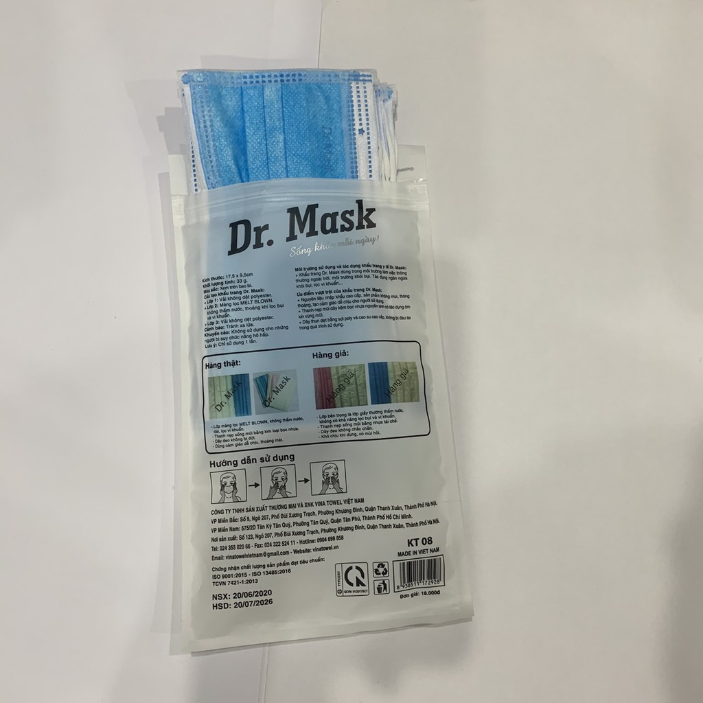 Khẩu trang y tế Dr Mask - khẩu trang y tế 3 lớp kháng khuẩn ( 10 chiếc/túi)