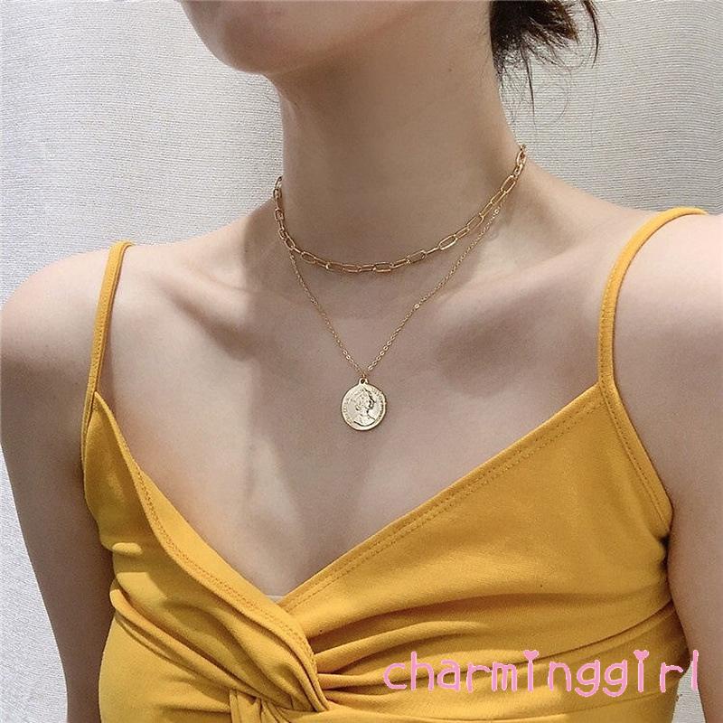 Vòng cổ Dạng Chuỗi Đôi Mặt Tròn Họa Tiết Chân Dung Tinh Tế Dành Cho Nữ