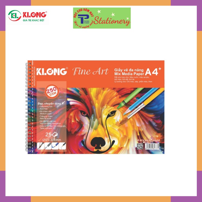 Vở vẽ lò xo Klong màu nước Artwork A4 -250GSM +- 25% cotton - 25 tờ; MS: 777