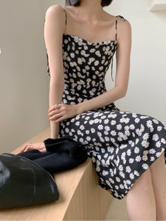 (Ảnh thật) Váy hoa cúc 2 dây dáng dài xoè chữ A / Đầm hoa nhí Vintage