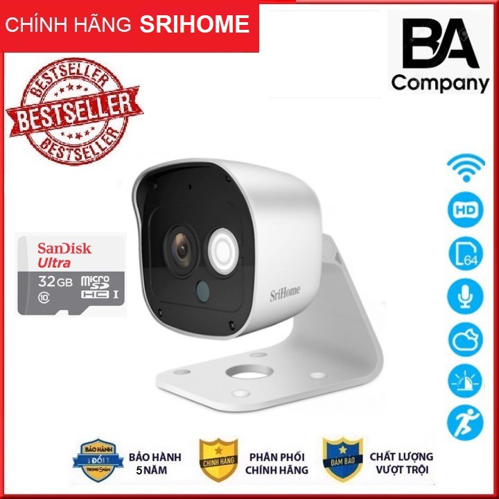 Camera Wifi Ngoài trời chống nước 3.0Mpx 1296p Srihome SH029 Hình ảnh Full HD siêu nét Thẻ 32GB Sandisk chính hãng
